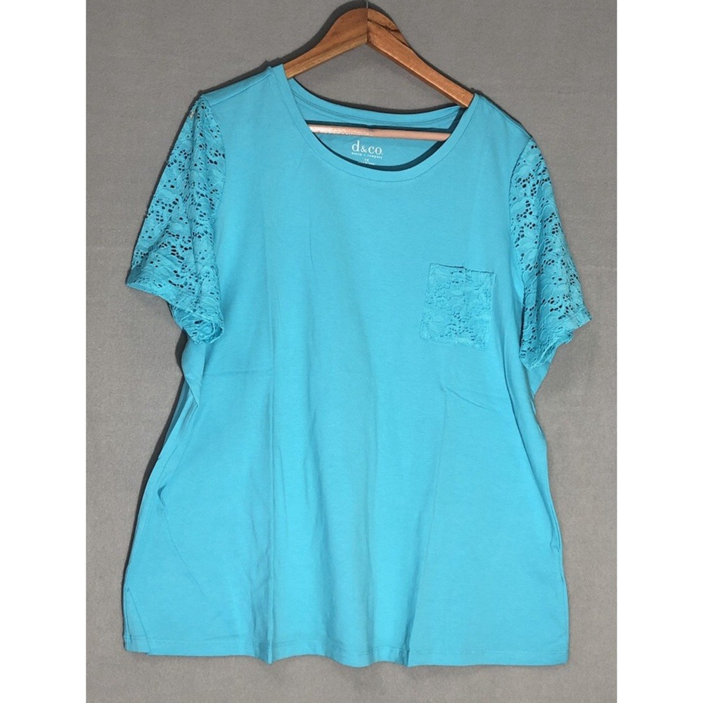 D & CO Round Neck Top w/t Lace Short Sleeves & Pockets Clear Aqua Blue Sz 1X NEW